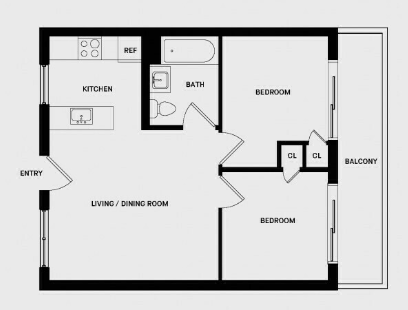 Floor plan for 2 beds, 1 bath, 600 sqft